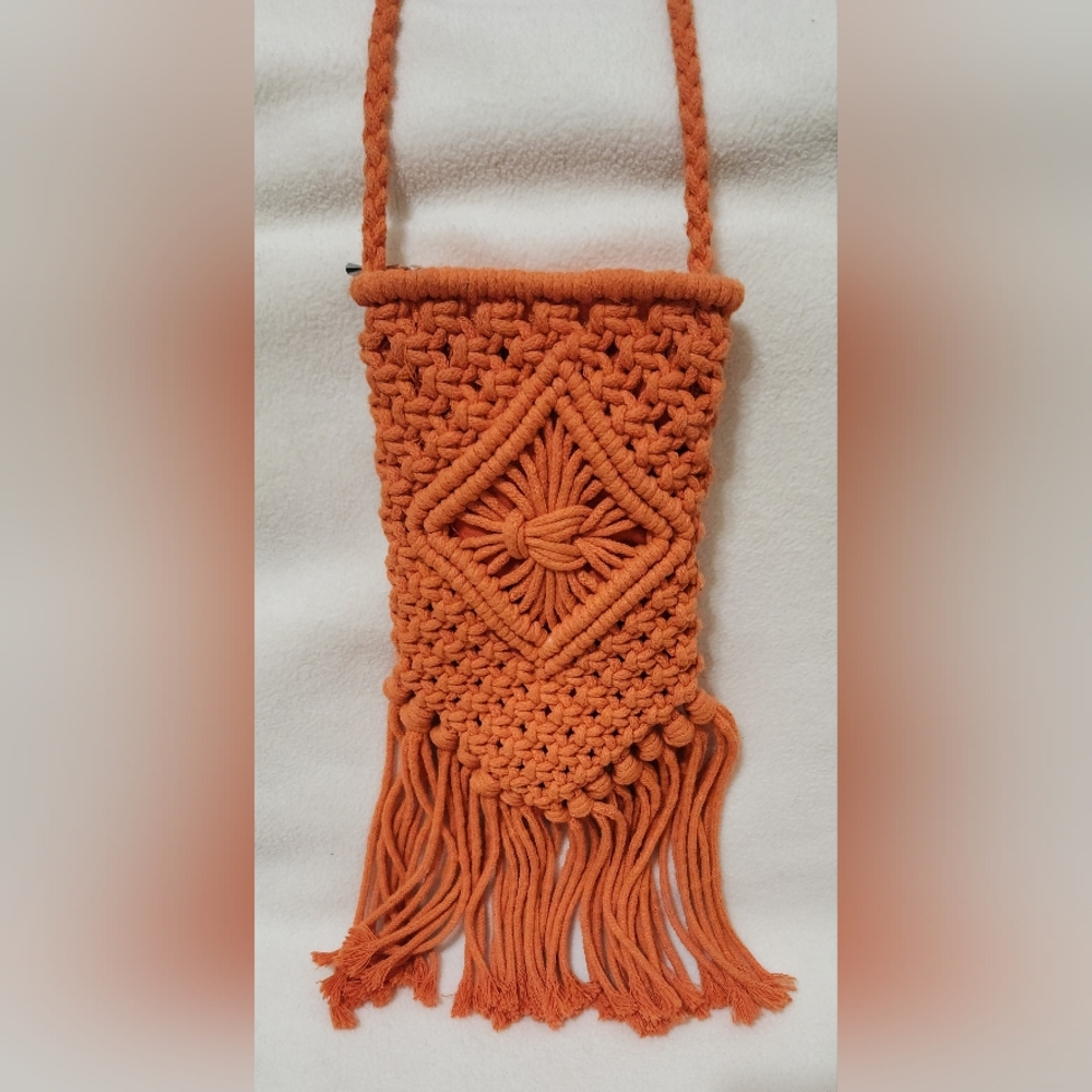 Orange Forever 21 Macrame Crossbody Purse Bag with Large Fringe Zip Closure